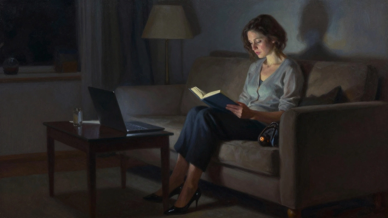 A woman sits calmly on a sofa at night, reading a book, heels beside her, a panic button visible on her purse.