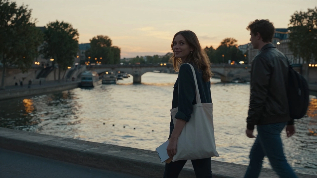 A woman walking along the Seine at sunset with a man behind her, peaceful and unspoken connection.