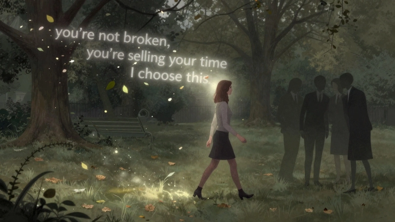 A woman walks through Hyde Park with floating words behind her that dissolve into leaves and light, symbolizing self-worth.