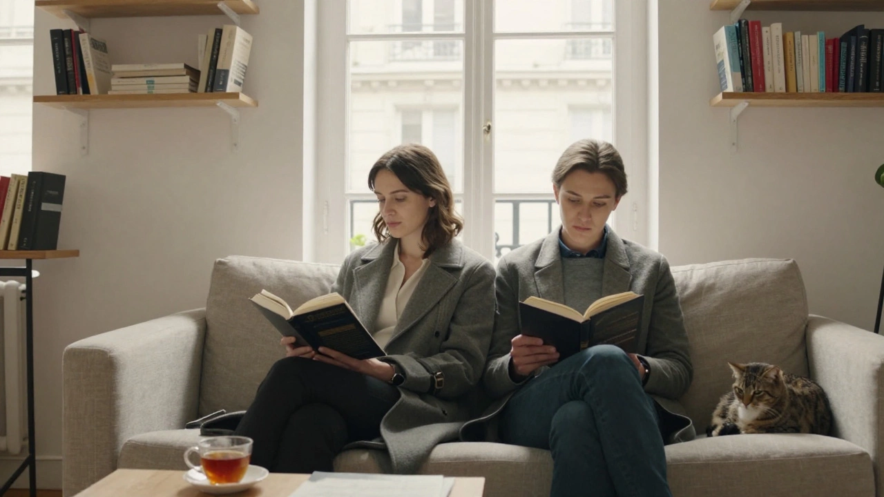 Two people reading silently together in a sunlit Paris apartment, no physical contact.